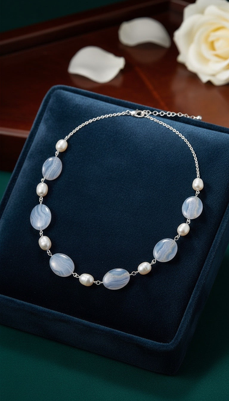 Blue lace agate and freshwater pearl necklace